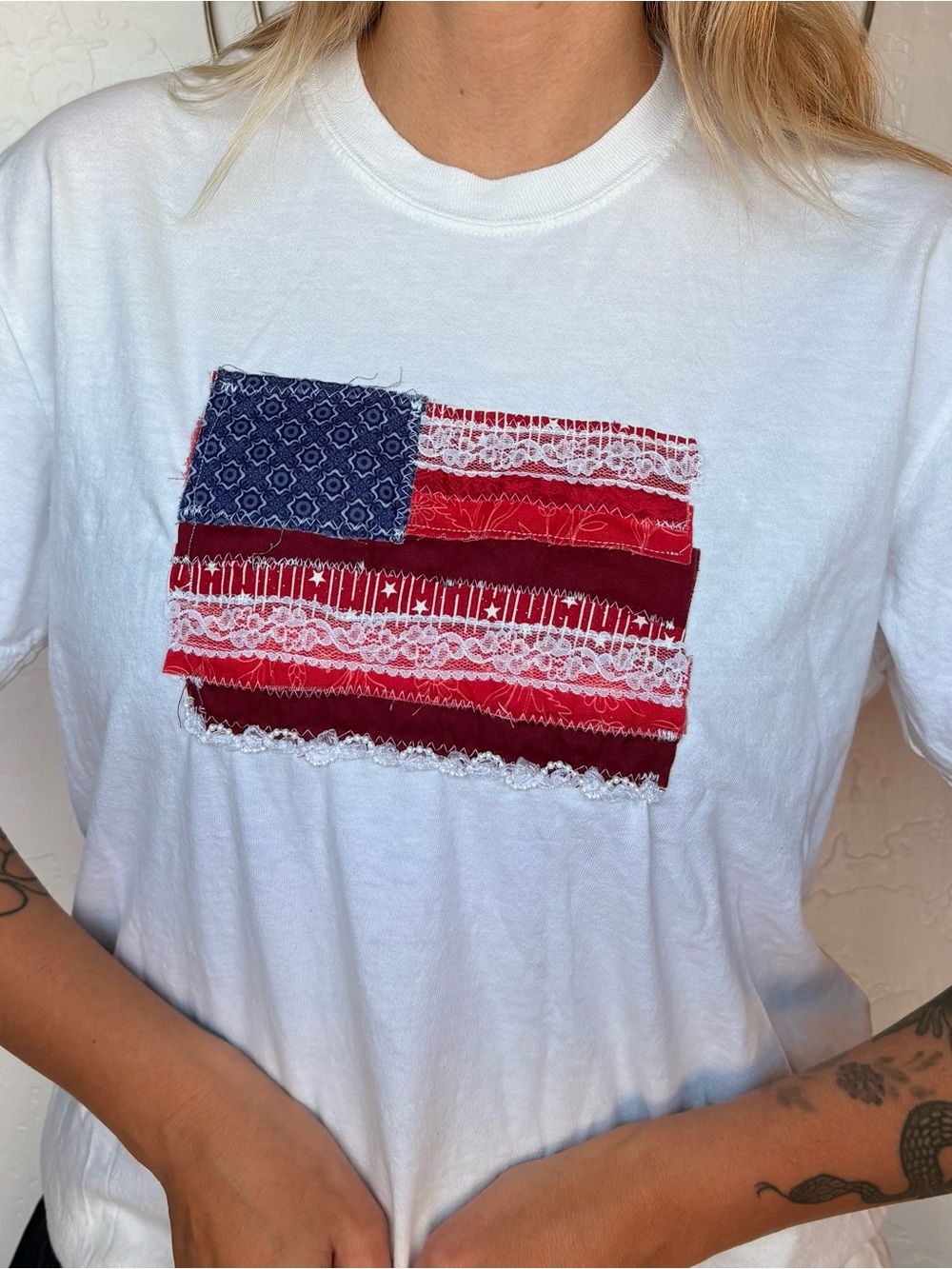American flag patchwork cotton t-shirt